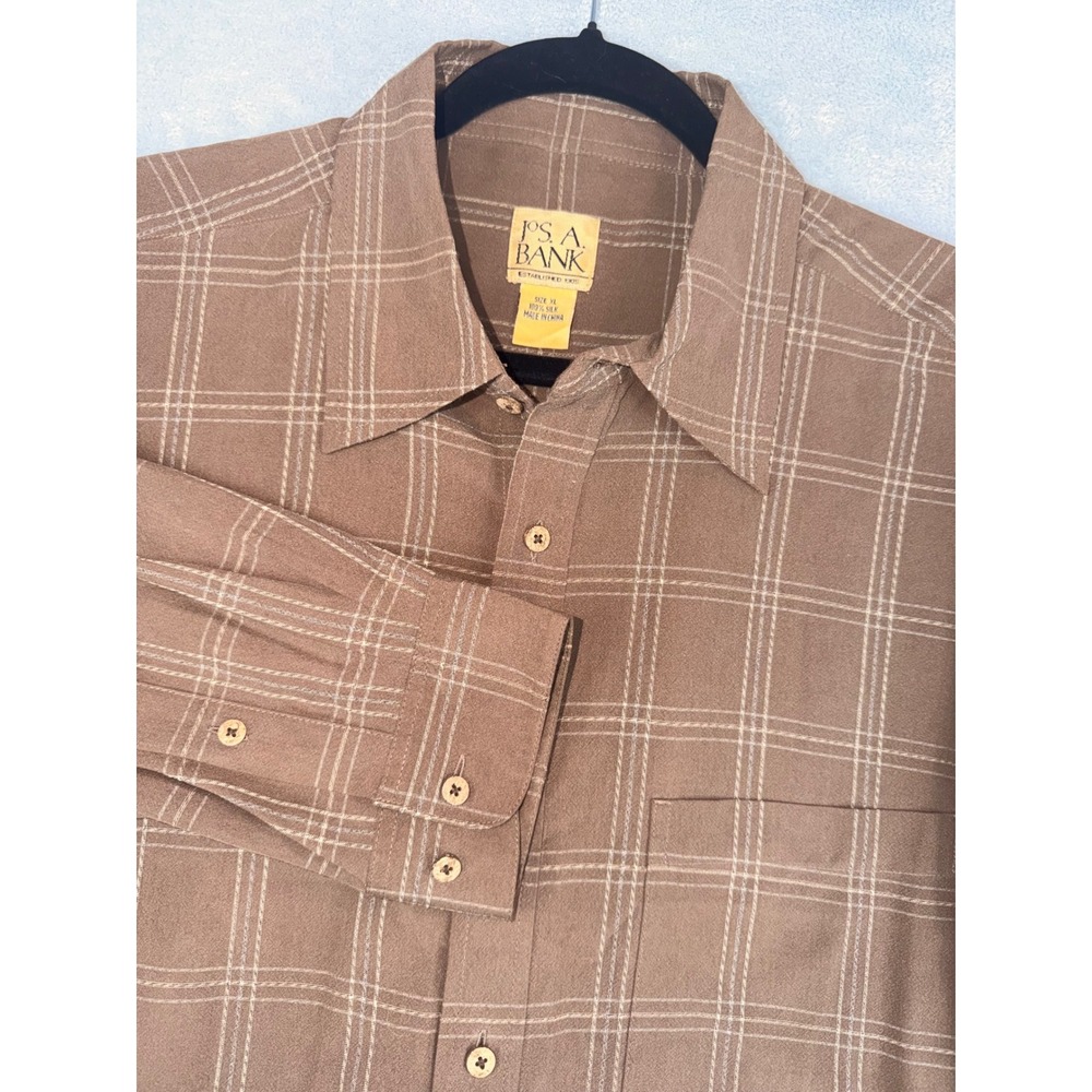 Jos. A. Bank Mens XL Brown Windowpane Plaid 100% Silk Long Sleeve Button Down